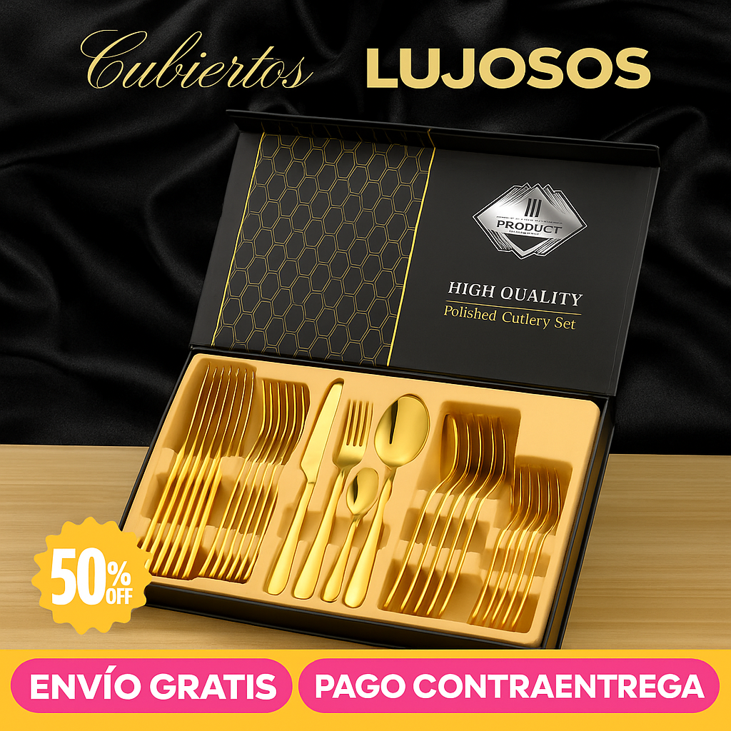 InoxLuxe™ l Juego de Cubiertos Dorados de acero inoxidable DE 24 Piezas con Estuche Premium.