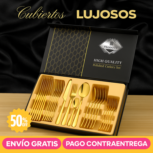 InoxLuxe™ l Juego de Cubiertos Dorados de acero inoxidable DE 24 Piezas con Estuche Premium.